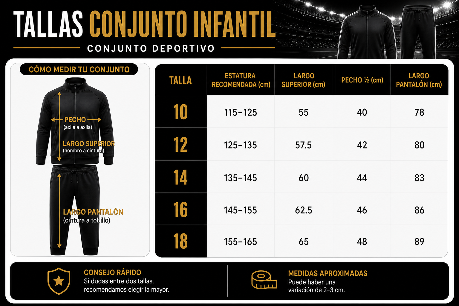 Guía de tallas para conjunto infantil: tallas 10, 12, 14, 16 y 18 con medidas en centímetros